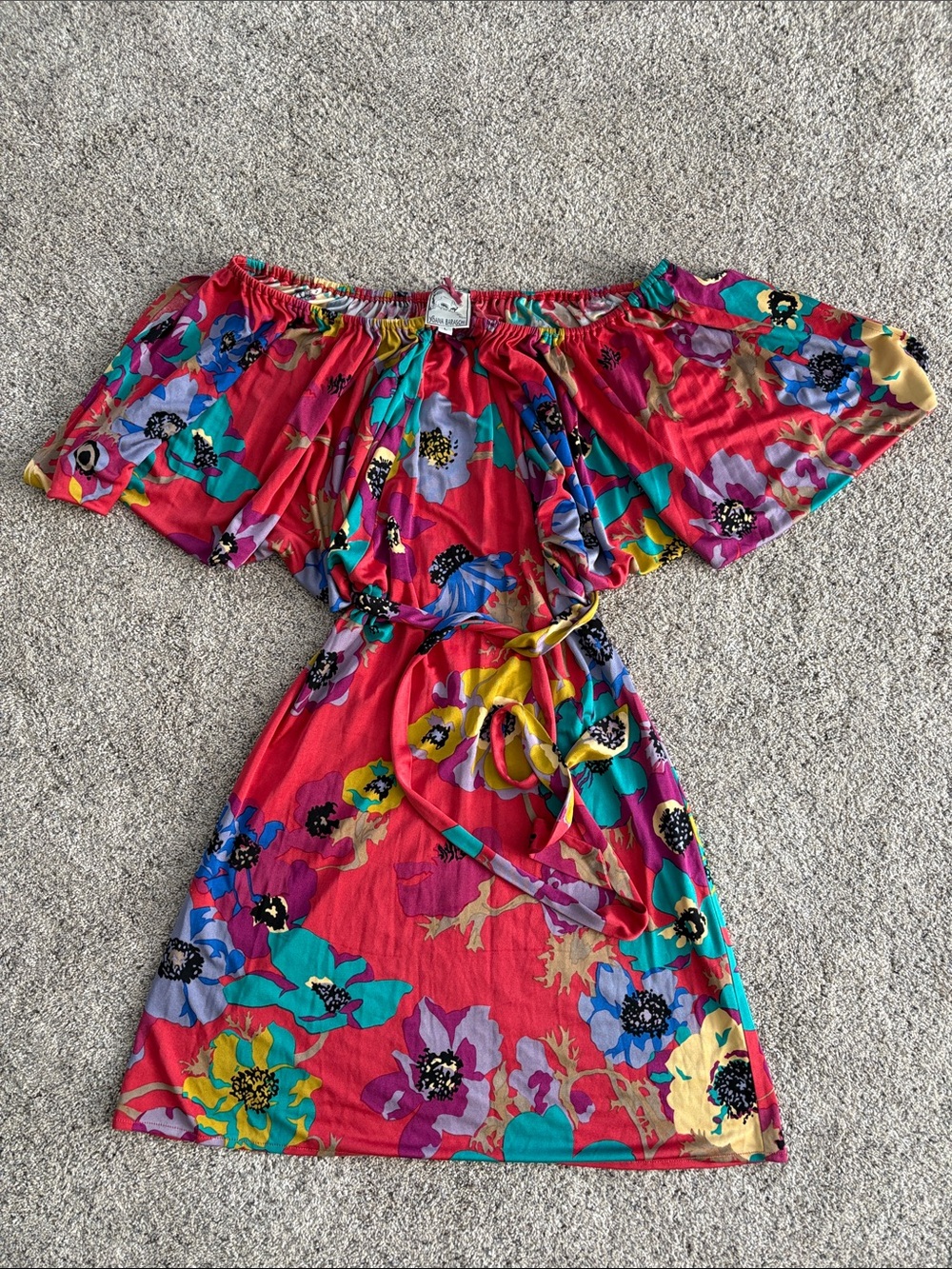 Yoana Baraschi 100% Silk Bright Pink Multi Floral Off-Shoulder Dress